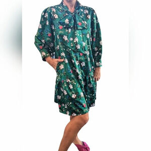 Melloday Green Satin Floral Drop Waist Pocketed Bold Shirt Dress Neck Tie Size M